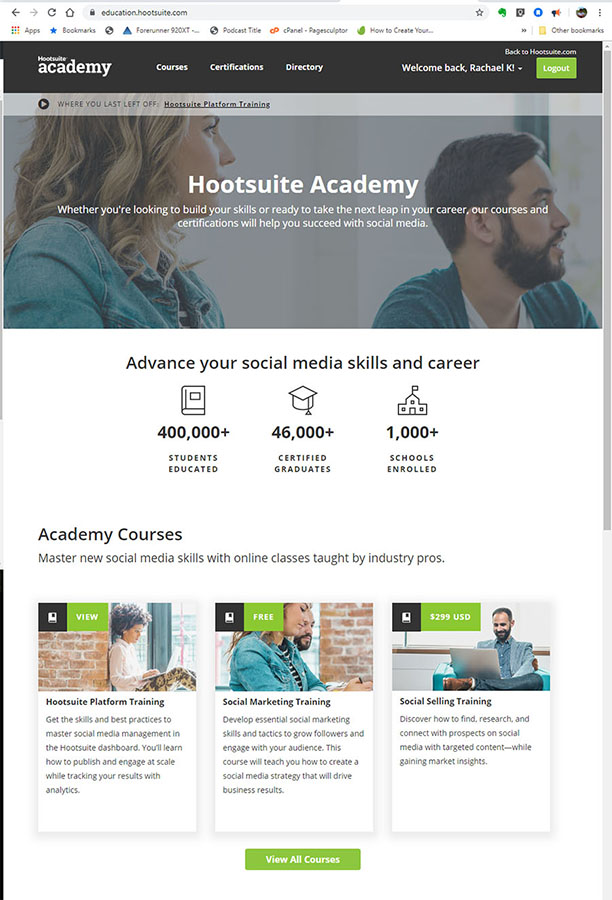 Landing page for Hootsuite Academy where you can learn how to use the Hootsuite Social Media Platform.